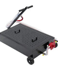 Heavy Duty 17 Gallon Oil Drain Pan With Manual Pump And 7.2 Foot Hose U Shaped Spout Thin Steel Mesh Cover on wheels.