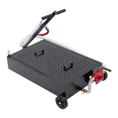 Heavy Duty 17 Gallon Oil Drain Pan With Manual Pump And 7.2 Foot Hose U Shaped Spout Thin Steel Mesh Cover on wheels.