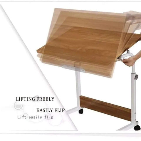 Height Adjustable Mobile Laptop Workstation Table With Hella Smooth Rolling Brake Casters For Effortless Overbed Versatile Desk Setup In Your Cozy Home Office, showing adjustable wood top being flipped.