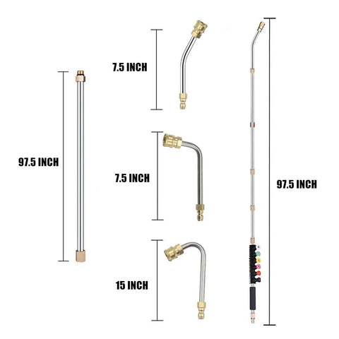 Pressure Washer Extension Wand Upgrade With Curved Rod Heads For Hard To Reach Areas Includes 97.5 inch wand, 7.5 and 15 inch rods