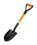 28 Inch Round Shovel With D Handle For Garden Beach Camp Use Fiberglass Handle Workhorse Tool For Transplanting Gravel Sand And Snow Durable Metal Construction, shown in profile view.
