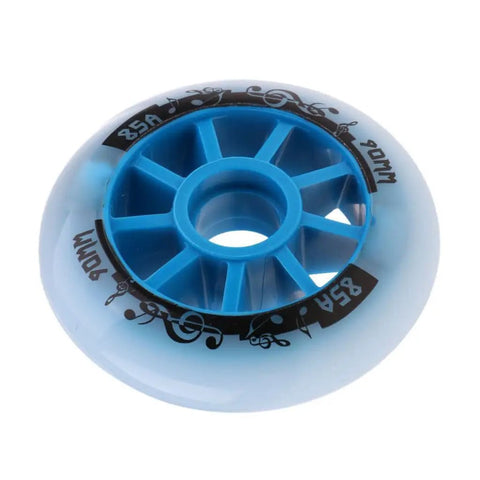 Inline Skate Wheels 90mm 100mm 85A Hockey Style Replacement Pack for Outdoor and Indoor Skating 4 Pack, blue with black graphics.