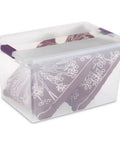 Heavy Duty Clear Plastic Storage Totes With Secure Latching Lids Hella Sturdy Bulk Bin Bundle For Home And Office Clutter Busting Tight seal container with purple handles.