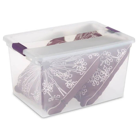 Heavy Duty Clear Plastic Storage Totes With Secure Latching Lids Hella Sturdy Bulk Bin Bundle For Home And Office Clutter Busting Tight seal container with purple handles.