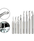 Carbide end mill set with 8 mm shank; multiple diameters from 3–8 mm for CNC routing and engraving