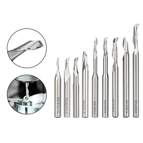 Carbide end mill set with 8 mm shank; multiple diameters from 3–8 mm for CNC routing and engraving