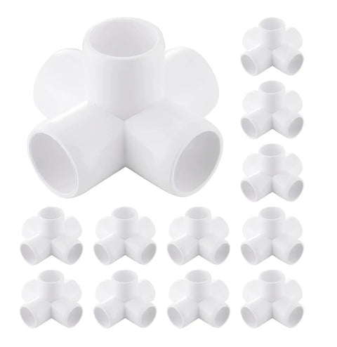 12 Pack Three Quarter Inch PVC Pipe Fittings Five Way Connectors For DIY Furniture, white, smooth finish, front view