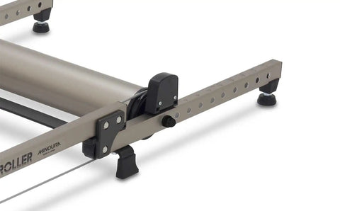 Adjustable rear roller of G2 Folding Bike Trainer with step guard and alloy rollers for 20 inch BMX to 700C bikes.