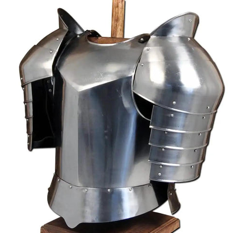 18G Steel Breastplate Cuirass With Removable Pauldrons, front view, medieval armor for reenactments, adjustable leather straps, durable steel