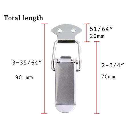Stainless Steel Spring Loaded Toggle Latch Hardware Draw Catch Clip 90mm length with measurements displayed