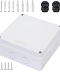 Premium Abs Plastic Junction Box Enclosure 5.9 X 5.9 X 2.8 Inches IP65 Waterproof Project Box With Eight Crack Free Drill Ports Hella Tough Diy Electrical Housing White with screws and fittings.