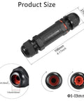 IP68 Waterproof 3 Pole Cable Connector Junction Box For 1 To 13 mm Cable Diameter 2 Pack Outdoor Use, showing product size and details.