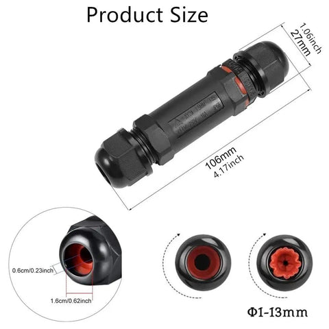 IP68 Waterproof 3 Pole Cable Connector Junction Box For 1 To 13 mm Cable Diameter 2 Pack Outdoor Use, showing product size and details.