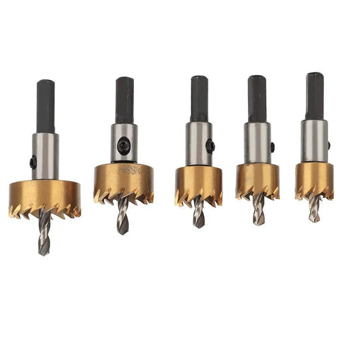 Fast Cutting High Speed Steel Hole Saw Set For Sheet Metal, 5 Piece Kit With Carbide Teeth For Quick Clean Holes, Boss Grade, Works With Drills, Drill Press, And Portable Machines On Steel, Iron, Stainless Steel And Thick Materials, five hole saw cutters