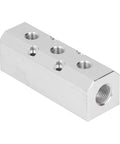 Heavy Duty Aluminium Pneumatic Manifold Block With Leakproof Sealing For Factory Use, 40x40mm Distribution, G1/2 Inlet And G1/4 Outlet, Durable Air Line Block SY40-02-3F, angled view with threaded ports visible.