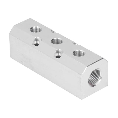 Heavy Duty Aluminium Pneumatic Manifold Block With Leakproof Sealing For Factory Use, 40x40mm Distribution, G1/2 Inlet And G1/4 Outlet, Durable Air Line Block SY40-02-3F, angled view with threaded ports visible.