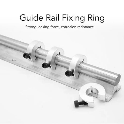 4 Pack Aluminum Shaft Collars With Clamp-On Design mounted on rod for CNC and linear motion systems, ideal stopper for precise positioning on SBR16 rails