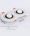 iumLeap Recessed Lighting Housing Trim Kits Double Head Downlight Adjustable Embedded Ceiling Lighting for Commercial Home Illumination Spotlight Recessed Panel Light, 4000k Nature Light, showing dimensions and design.