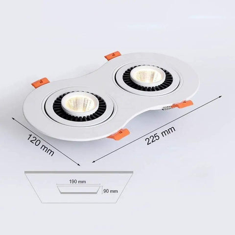 iumLeap Recessed Lighting Housing Trim Kits Double Head Downlight Adjustable Embedded Ceiling Lighting for Commercial Home Illumination Spotlight Recessed Panel Light, 4000k Nature Light, showing dimensions and design.