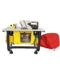 Top Shelf Mini Table Saw With Integrated Vacuum System And Badass 2200W Motor showing blade, dust bag, and alloy base for heavy-duty cuts.