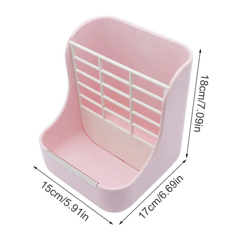 Super Cool Pink Two In One Rabbit Hay Feeder With Automatic Guinea Pig Food Bowl And Quick Release Grass Rack, measuring 18cm tall, 17cm wide.