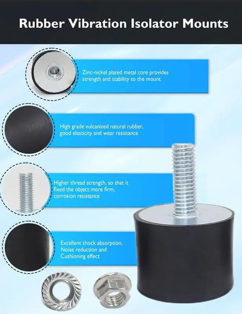 Professional M4 Rubber Vibration Isolator Mounts With Hex Lock Nuts showing zinc-coated steel core and rubber pad.