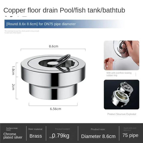 Floor Drain, Invisible Floor Drain Copper Swimming Pool Bathtub Hot(Round,75 Tube) with pull ring, chrome plated, diameter 8.6cm