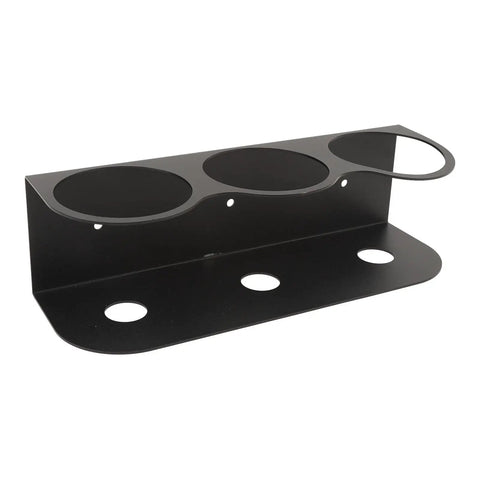 Heavy Duty Wall Mount Spray Bottle Holder Carbon Steel Paint Can Dispenser Rack With Powder Coated Finish for Garage Workshop, showing black metal construction.