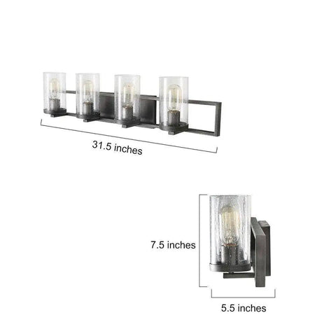 Farmhouse Rustic Bathroom Vanity Light Fixture With Wood Frame And Cylindrical Bubbled Glass dimensions shown.