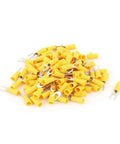 Heavy Duty Yellow Fork Terminal Connectors, 100 Piece Pack For 22 To 16 Awg Wire, showing crimp connectors piled together.