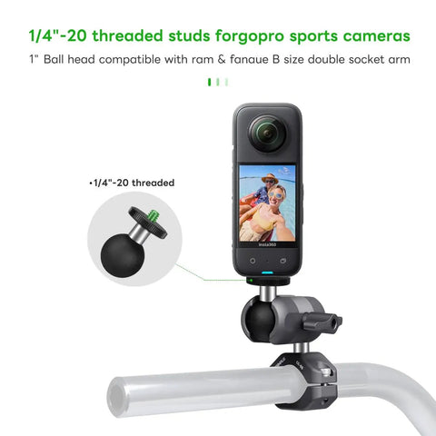1 Inch Ball Head Mount Adapter with One Quarter Inch Twenty Threaded Stud for Action Cameras and Phone Mounts, Compatible with RAM Mount B Socket Arm, Ideal for Motorcycle Riding, Sports Photography, Dope Aluminum Build with Lifetime Warranty, 1/4-20 stud mounted to action camera and handlebar
