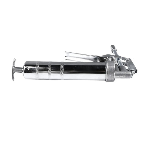 120cc Grease Gun Handheld Lubrication Tool with chrome plated metal body, a real workhorse for industrial equipment shown on side view