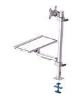 Heavy Duty Industrial Aluminum Computer Monitor Keyboard Mount Workstation Base with adjustable arm and clamp for workspace.