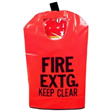 10 Pack Heavy Duty Fire Extinguisher Covers for 10 Lb Units for Indoor and Outdoor Use Weatherproof Red Fabric with Clear Window View Easy Access Safe Keep Your Gear Looking Slick. Red nylon cover with clear view window.