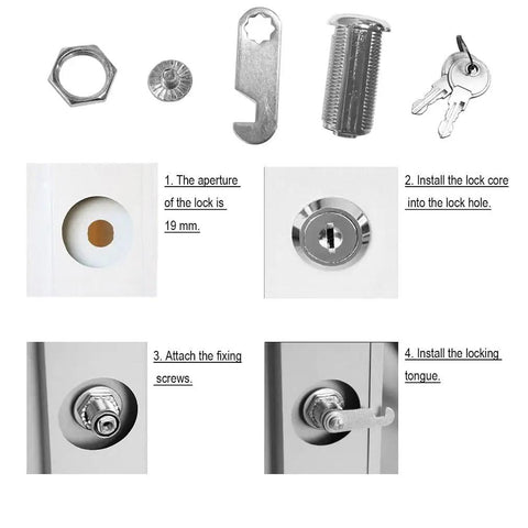 Instruction for 1.57 Inch Cylinder Lock Kit For Drawers Doors Mailboxes Cabinets And Tool Chests Cam Lock Set 2 Pack Includes 4 Keys Beefy Zinc Alloy Durable Security Lock For Thin Panels Up To 1.37 Inches Thick installation steps with lock parts and screws.
