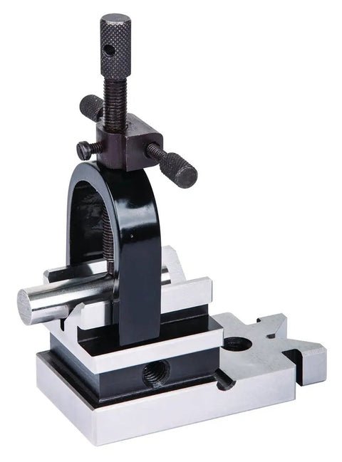 Hardened Steel Multi Use Vee Block And Clamp Set With Precision Ground Finish For Pro Machinists Central Ground V Groove Pin Removal Hole And Four Three Eighths Inch 16 Tapped Holes, angled clamp view