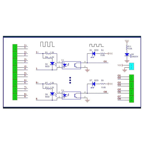 Circuit diagram of 8 Channel Optocoupler Relay Module Isolated 24V To 5V, PLC PNP Signal Converter With 20KHz Isolation.