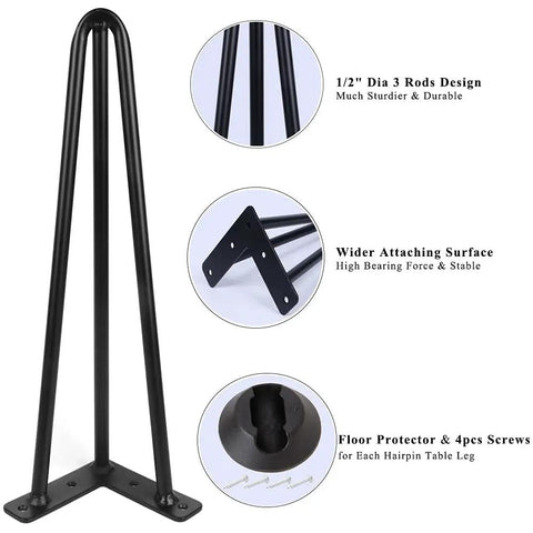 26 Inch Hairpin Table Leg Set With One Half Inch Diameter Three Rods Beefy Black Furniture Feet With Floor Protectors and screws