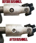 Two billet aluminum steering column intermediate shaft bushings shown side-by-side, before and after.