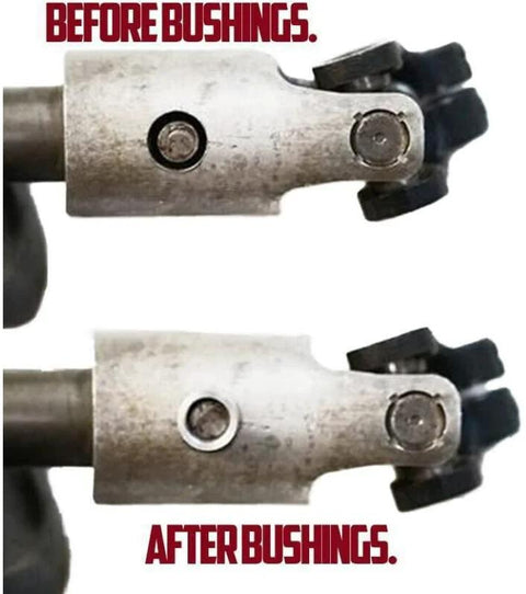 Two billet aluminum steering column intermediate shaft bushings shown side-by-side, before and after.