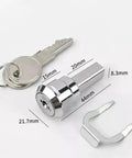Silver Universal Toolbox Lock With 180 Degree Rotation Unlocking, showing lock dimensions, key, and mounting hardware.