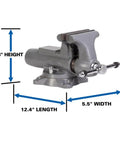 5 Inch Apprentice Vise WVA5 Heavy Duty 6600 Lbs Clamping Force For Metalworking And Shop Projects With Fast Setup And Minimal Downtime Precision Machined Slide Rail For Smooth Action 3.25 In Throat 1/4 To 2-1/2 In Pipe Capacity, gray steel bench vise with size dimensions