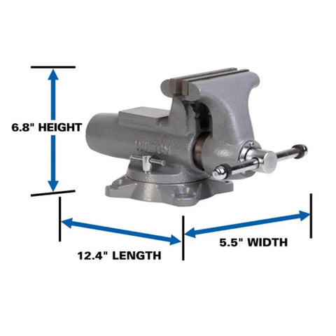 5 Inch Apprentice Vise WVA5 Heavy Duty 6600 Lbs Clamping Force For Metalworking And Shop Projects With Fast Setup And Minimal Downtime Precision Machined Slide Rail For Smooth Action 3.25 In Throat 1/4 To 2-1/2 In Pipe Capacity, gray steel bench vise with size dimensions