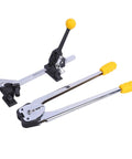 Heavy Duty Manual Strapping Machine With Dual Purpose Tensioner And Sealer For Paper And Plastic Bands viewed from above, showcasing chrome finish and yellow handles.
