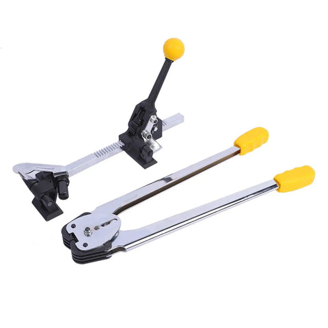 Heavy Duty Manual Strapping Machine With Dual Purpose Tensioner And Sealer For Paper And Plastic Bands viewed from above, showcasing chrome finish and yellow handles.