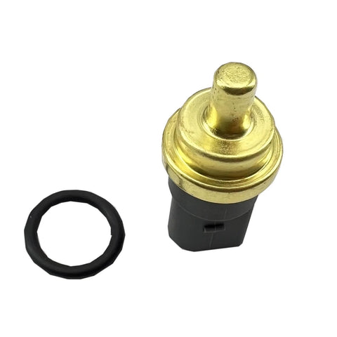 DEVMO coolant temperature sensor with brass body and black plastic base; includes 1 sensor and 1 rubber O-ring.
