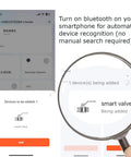 Smart Water Valve Controller 3rd Gen app interface for WiFi shutoff device showing Bluetooth connection setup on smartphone.