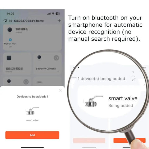 Smart Water Valve Controller 3rd Gen app interface for WiFi shutoff device showing Bluetooth connection setup on smartphone.