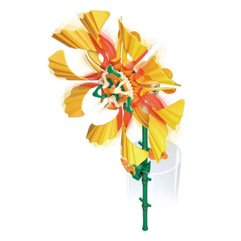 SolarFlower Golden Sunrise STEM Kit Build A Motorized Solar Powered Flower With Spinning Colorful Petals A Dope Educational Gift For Kids Ages Eight And Up And Adults Great For Home Or Classroom Projects And Gift Ideas. motorized solar flower kit with yellow petals, green stem, and clear base