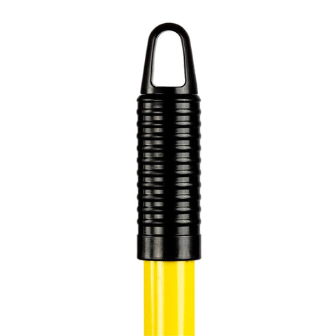 Top handle of Heavy-Duty 55-Inch Fiberglass Rake With A 21-Inch Steel Tined Head For De-Thatching And Landscaping.